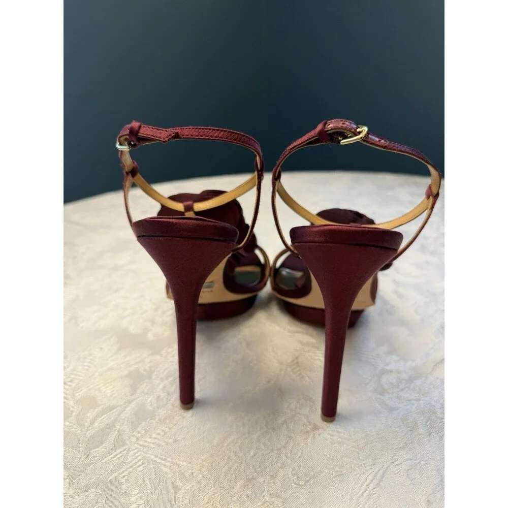 Badgley Mischka Heels Womens Randee Ruffle Flower Ankle Strap Satin Dark Red 10M